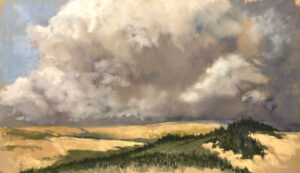 Pastel artwork of dramatic storm clouds over golden fields and forested hills, atmospheric landscape painting.