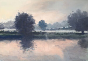 Watercolour painting of a misty riverside scene at dawn with soft reflections and silhouetted trees.