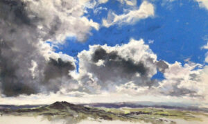 Pastel landscape of dramatic clouds over a hilltop with patches of blue sky peeking through.