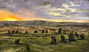 Pastel landscape of a stone circle on a grassy field during sunset with a colourful sky.