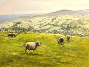 Pastel landscape painting of sheep grazing on a sunlit hilltop with rolling countryside views in the background.