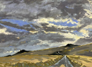 A landscape painting in pastel of a Devon road winding into the distance over Dartmoor