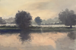 A moody pastel painting of evening light and silhouetted trees reflected in a still river