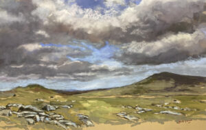 A Moody landscape image painted in pastel of a tor on Dartmoor with blue sky and grey clouds.