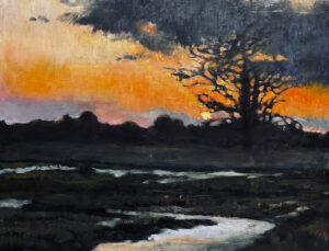 Oil painting of a dramatic English wetland sunset, with a silhouetted bare tree against a blazing orange and crimson sky reflected in the dark, still water of a marsh below.