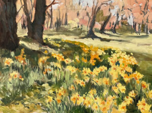 Oil painting of a sweeping carpet of yellow and orange daffodils in dappled spring sunlight, with the dark trunks of bare trees casting long shadows across a park path and warm pink sky beyond.