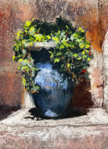 Pastel painting of a large, weathered blue ceramic urn overflowing with lush green ivy and small red berries, set against a warm russet and chalk-white textured wall.