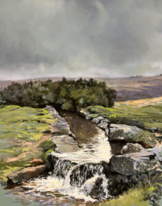 Pastel painting of a rocky Dartmoor leat spilling over a stone lip into a shallow pool, with vivid moss-covered boulders, low scrubby trees, and a heavy grey sky stretching across open upland beyond.