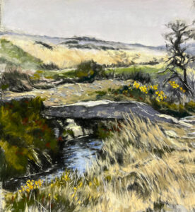 Pastel painting of a stone clapper bridge crossing a dark Dartmoor leat or stream, surrounded by wind-bent golden grasses, splashes of yellow gorse, and a lone bare tree beneath a pale, overcast sky.