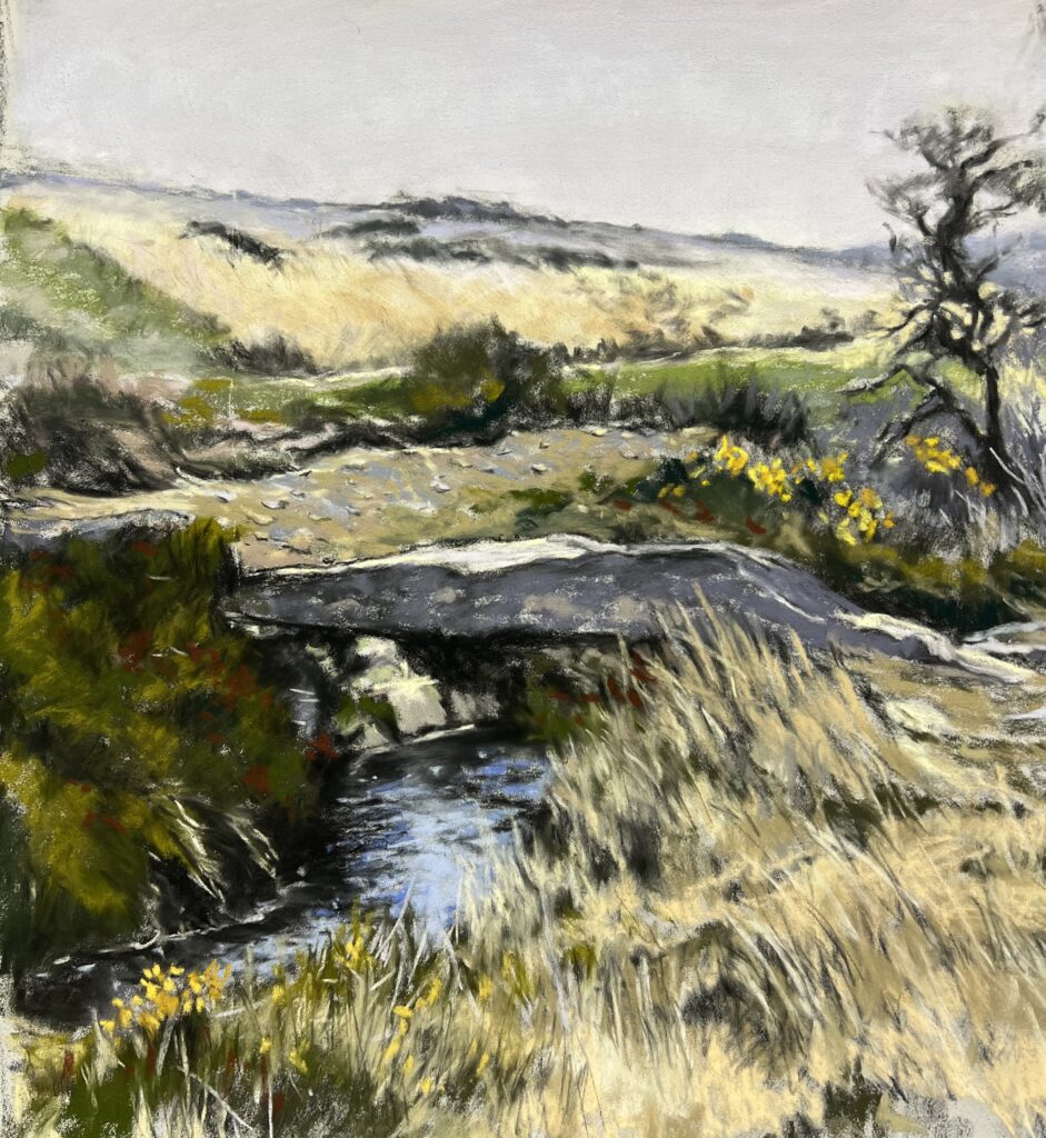 Detailed painting of Clapper Bridge, Scorhill, on the plains of Dartmoor, Devon.